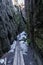 Stolowe Mountains National Park. Path in Rock Labyrinth hiking trail Bledne Skaly. Errant Rocks in Sudetes Mountains near Kudowa-