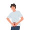 Stomach and belly pain or health problems concept. Guy holding hands over stomach. Flat style vector illustration