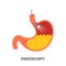 Stomach endoscopy is a flat cartoon endoscope in the stomach through the esophagus. Gastroscopy with light. flat vector