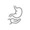 Stomach on hand line icon. Human organ treatment, disease prevention symbol