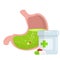 Stomach and pill. Dissolving drug. Disease of human internal organ. Cartoon flat illustration. Taking medicine