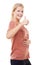 Stomach, thumbs up and woman in studio for weight loss, digestion health and wellness in portrait. Yes, ok and success