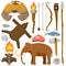 Stone age aboriginal primeval historic hunting primitive people weapon and house life symbols vector illustration.