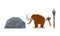 Stone Age Elements with Mammoth Animal and Cave with Rock Engraving Vector Set