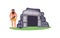Stone age house with primitive man character, flat vector Illustration isolated.