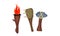 Stone Age Hunting Weapons with Torch Stick and Hatchet Vector Set