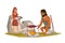 Stone age people frying meat vector illustration.