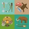 Stone age primitive prehistoric life banner vector illustration. Ancient tools and animals. Hunting weapons and