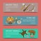 Stone age primitive prehistoric life set of banners vector illustration. Ancient tools and animals. Hunting weapons and