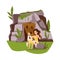 Stone age primitive woman at cave entrance, flat vector illustration isolated.