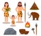 Stone age symbols set, primitive people, mammoth, weapon, prehistoric house vector Illustrations on a white background