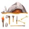 Stone age tools and cave isolated icon, history and primitive weapon