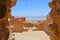 Stone arch to the platform with a view of the dead sea and the mountains of Jordan. View from fortress Massada in Israel