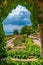 Stone arches of a garden pavilion in Royal Palace in Balchik, Bulgaria