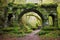 a stone archway covered in vibrant moss and lichen