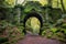 a stone archway covered in vibrant moss and lichen