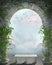 Stone archway with dreamy view of birds and soft clouds