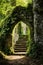 a stone archway with stairs leading to a stone building