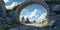 A stone archway with a view of the sky and clouds through it