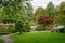 Stone banks of pond and japanese maple trees and lebanese cedar