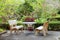 Stone benches and table in botanical garden