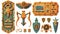 A stone board or clay tablet with Egyptian hieroglyphs and scarab beetles in cartoon style Modern illustration. Ancient
