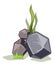 Stone boulder lying on ground. Cartoon gravel with greenery