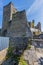 Stone brick tower, ruined walls of different sizes, wild plants, parts destroyed in the background