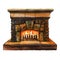 Stone bricks home family fireplace with flame, hearth with burning fire, watercolor illustration