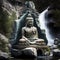 Stone Buddha Statue River Waterfall.