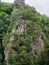 Stone cliff with pines growing on it in front of a green mountainside