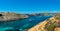 Stone cliffs on the blue lagoon of the island of Comino and Gozo Malta. Mediterranean Sea