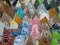 Stone colored figurines in the form of Egyptian pyramids with hieroglyphs on display in a souvenir shop. Selective focus. Luxor,