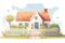 stone cottage with a clean, white picket fence, magazine style illustration