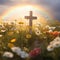 Stone Cross in Flower-Filled Meadow with Rainbow in Spring Light AI Generated