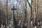 Stone cross on a grave at an old cemetery overgrown with trees with bare branches