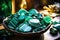 In a stone dish malachite stones