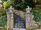 Stone eagles atop gate posts at the base of stairway in Portland, Oregon