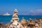 Stone figures on beach shore of Illetes beach in Formentera