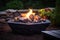 stone fire pit filled with glowing charcoal