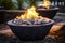 stone fire pit filled with glowing charcoal