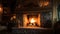 Stone fireplace ablaze in the house. Generative Ai