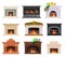 Stone Fireplace or Hearth with Mantelpiece and Burning Fire Vector Set