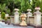 Stone flowerpots with flowers on pedestals.