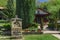 Stone fountain and church in Temski monastery St. George, Pirot, Republic of Serbia