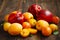 Stone fruits on wooden background. Yellow plums, apricots and nectarines