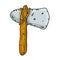 Stone hammer on stick. Subject of caveman. Prehistoric hunting weapon.