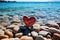 Stone Heart on Pebble Beach, Shining Ocean Water, Rocky Shore Love Symbole, Summer Pebble Heart