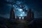 stone henge mock building against the backdrop of night and space. Neural network AI generated
