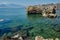 Stone Islands on paid beach in Turkish Antalya in early spring.